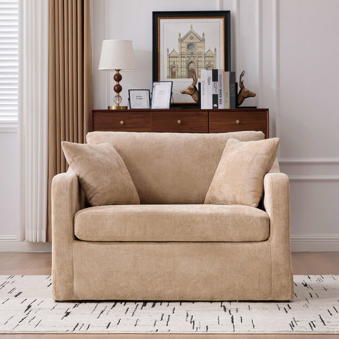 Giga farmhouse accent arm chair with wooden legs, featuring two bolster pillows and cozy upholstered seating.