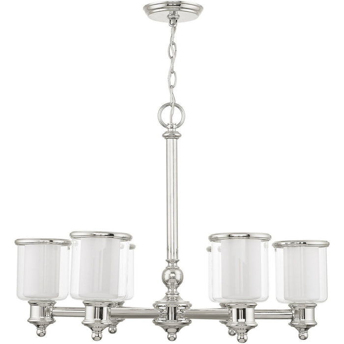 Six-light metal chandelier with shades in nickel, clear, and opal finishes, designed by HomeRoots.