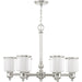 Six-light metal chandelier with shades in nickel, clear, and opal finishes, designed by HomeRoots.