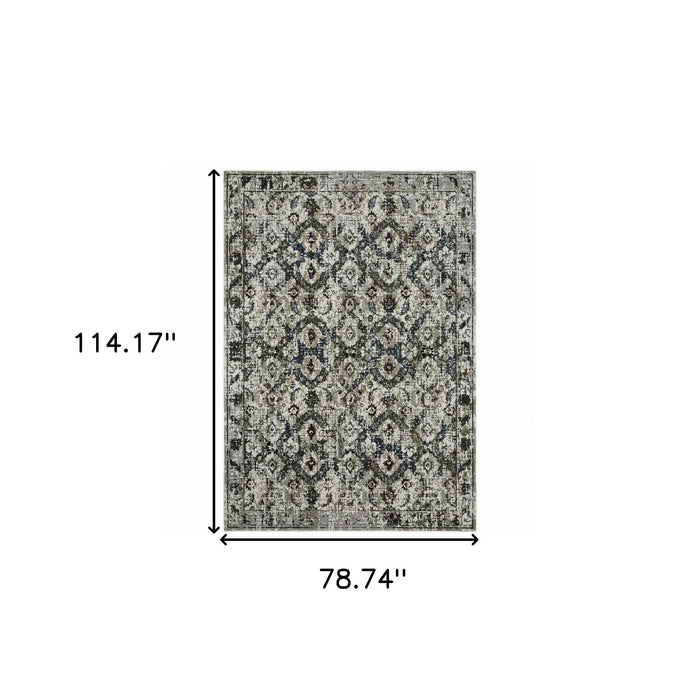 6' x 9' Oriental Power Loom Stain Resistant Area Rug - Ivory Charcoal Gray Blue Rust Gold And Brown