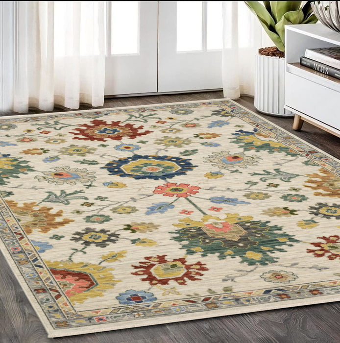 5' X 8' Oriental Area Rug With Fringe - Ivory And Yellow