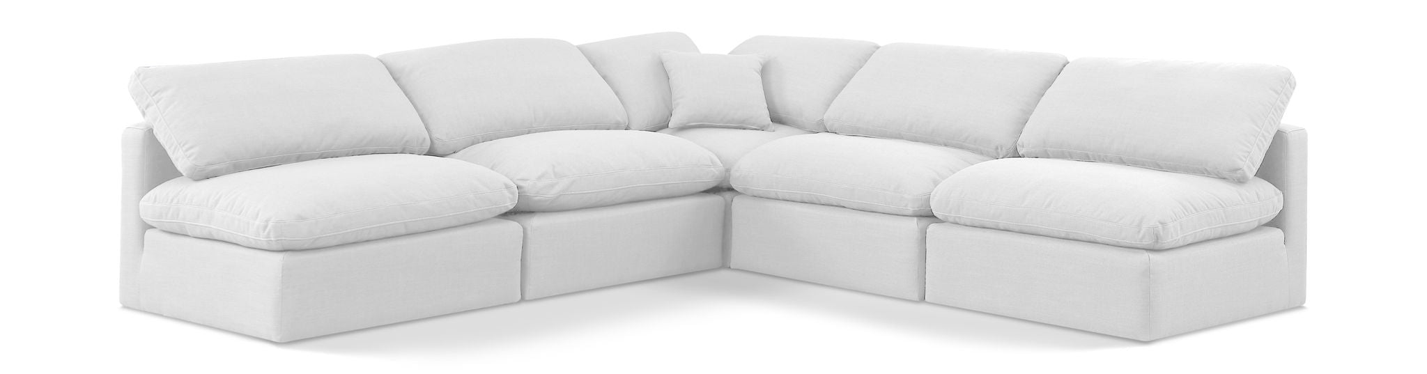 White Meridian Furniture Indulge Linen 5-Piece Modular Corner Armless Sectional sofa with clean, modern design and plush cushions.