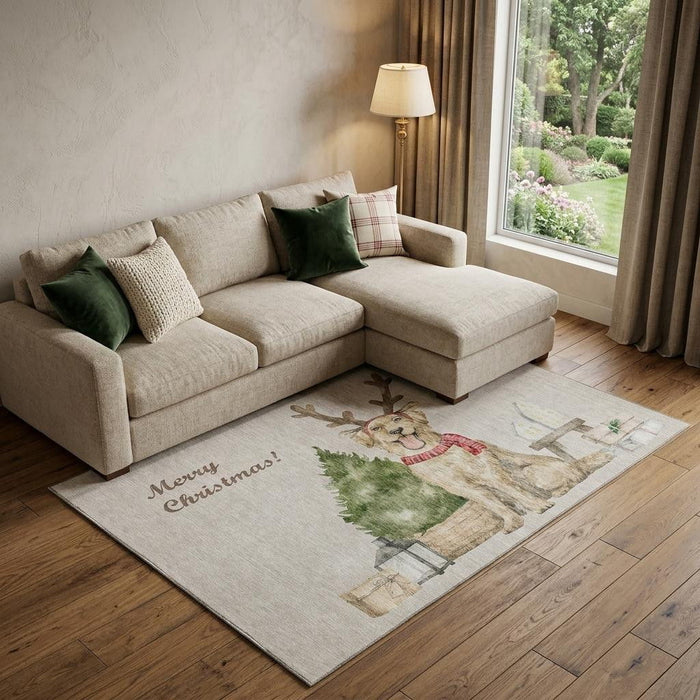 10' X 14' Christmas Dog Washable Area Rug With UV Protection (646451) - Taupe / Green / Gray