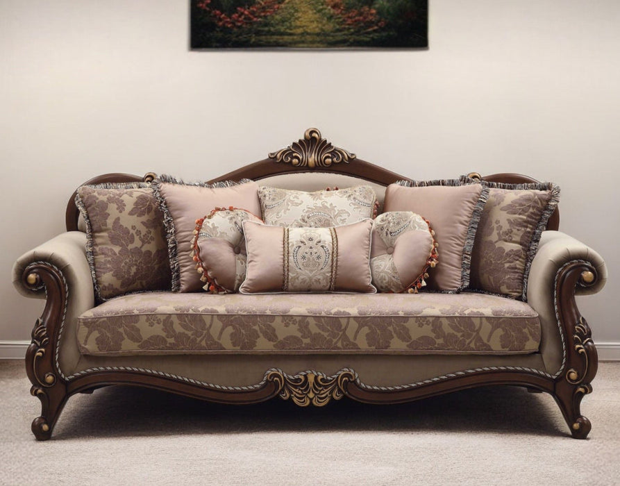 Polyester Blend Curved Floral Sofa And Toss Pillows With Brown Legs - Beige