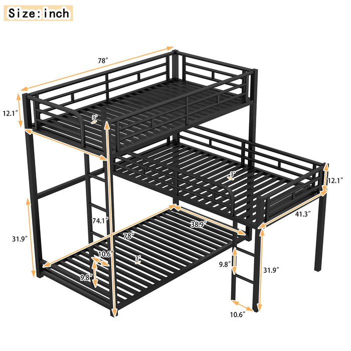 Black Giga L-shaped triple twin size bunk bed with industrial design, integrated ladder, and full-length guardrails in a bedroom setting.