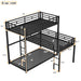 Black Giga L-shaped triple twin size bunk bed with industrial design, integrated ladder, and full-length guardrails in a bedroom setting.