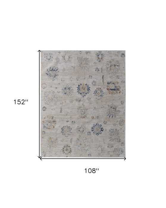 9' x 12.7' Floral Power Loom Worn Faded Area Rug With Fringe - Ivory Taupe And Blue