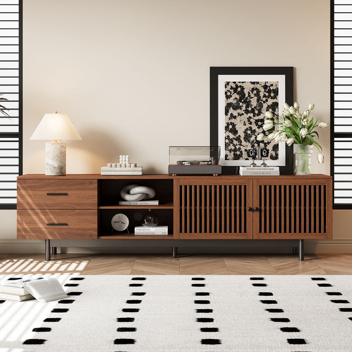 Giga walnut 78-inch TV stand with deep drawers, cable management, and soft closing hinges for TVs up to 85 inches