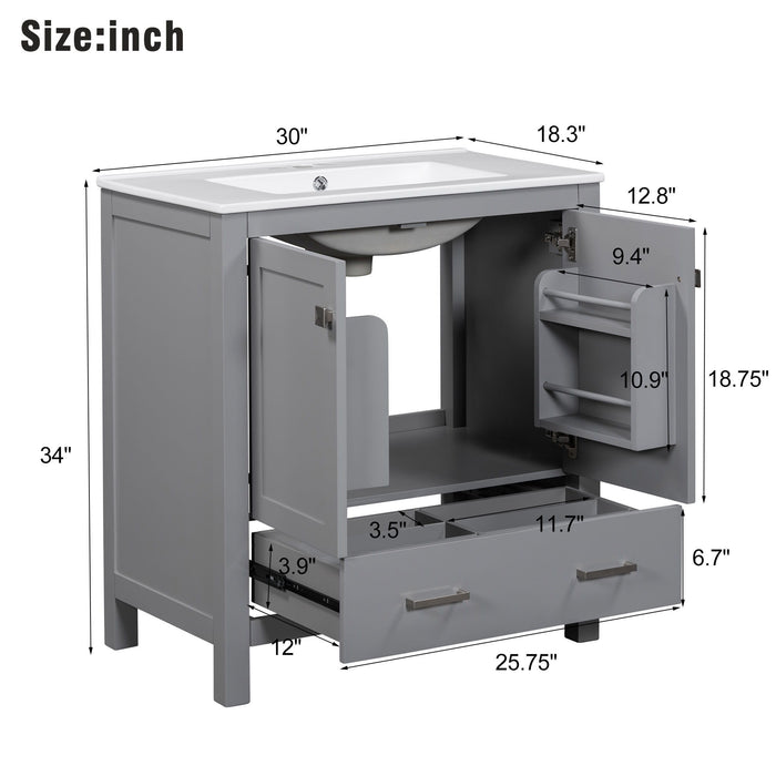 Giga bathroom vanity with single sink, solid wood frame, two-door cabinet, drawer, soft-close hinges, and multifunctional storage