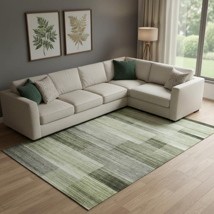 10' X 14' Striped Washable Area Rug With UV Protection (717254) - Green / Ivory