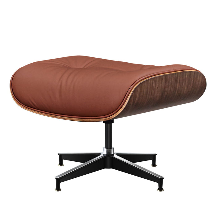 Light brown genuine leather swivel lounge chair with tufted design and matching ottoman, featuring walnut wood accents.