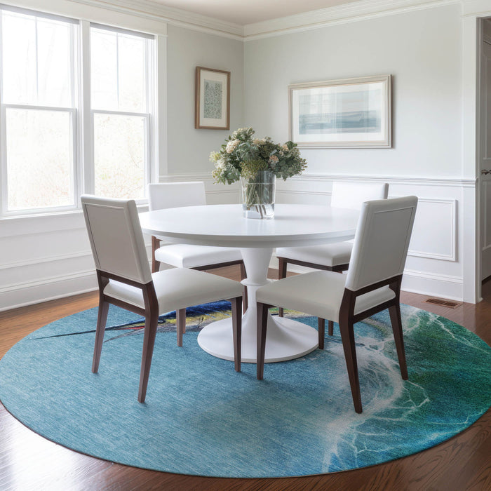8' Nautical Washable Round Rug With UV Protection - Caribbean Blue