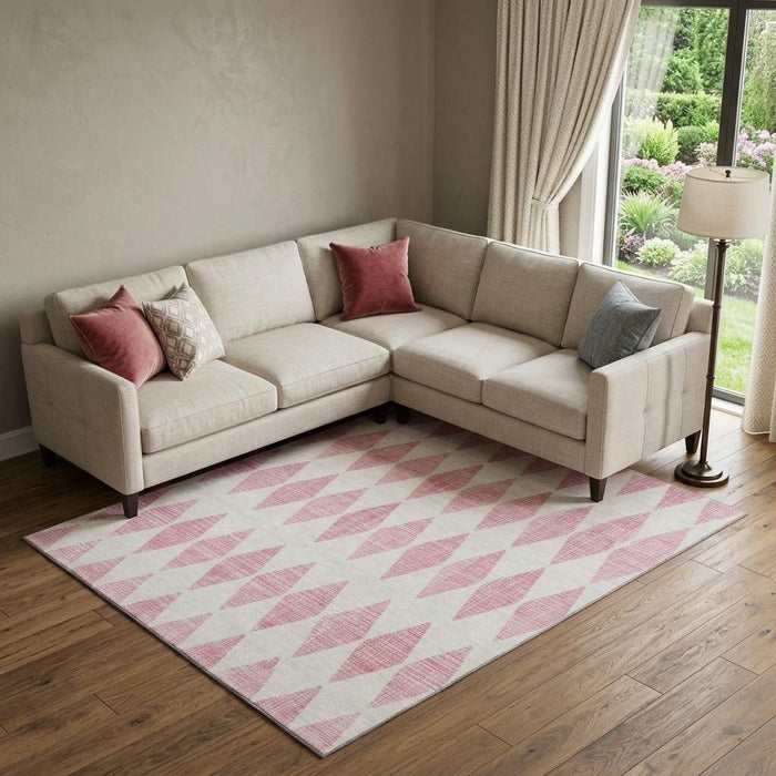 10' X 14' Diamond Washable Area Rug With UV Protection (650086) - Pink / Ivory