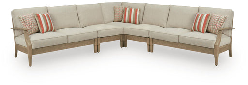Beige Clare View 5-piece outdoor sectional by Signature Design Ashley, featuring stationary sectional seating with plush cushions.