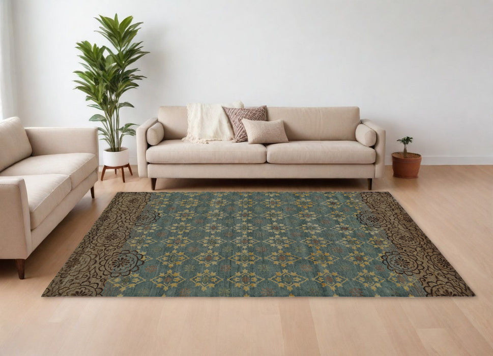 8' x 12' Floral Hand Knotted Area Rug - Green Blue And Brown
