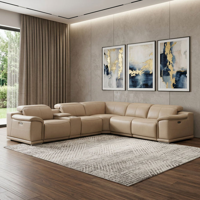 Leather Modular L Shaped Six Piece Corner Sectional With Console - Beige