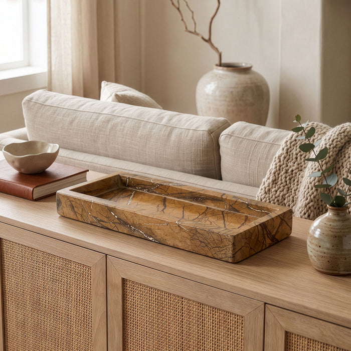 Michael genuine marble tray by Meridian Furniture, showcasing a sleek rectangular tray with polished white marble surface.