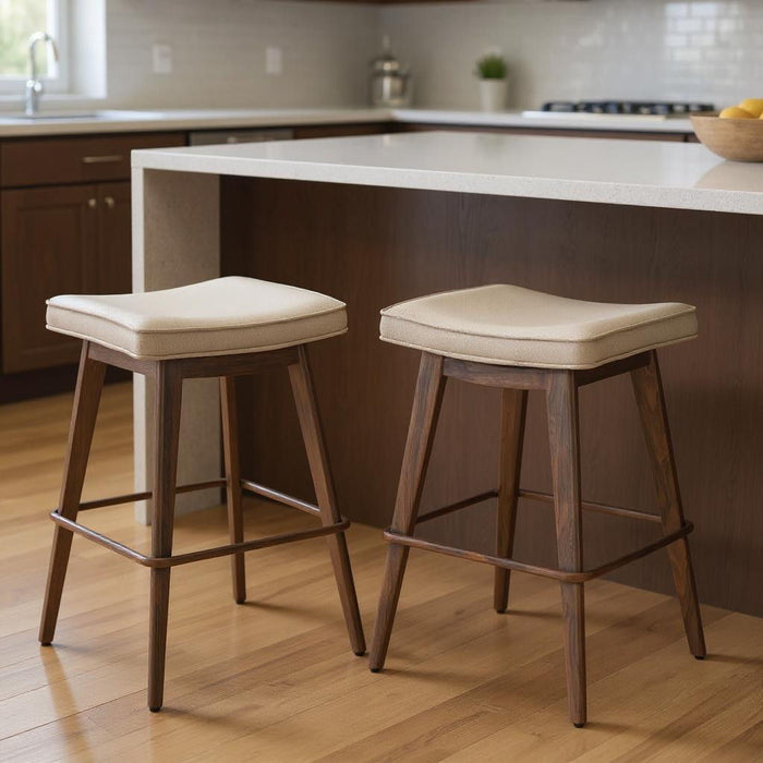 27" Faux Leather And Steel Backless Counter Height Bar Chairs (Set of 2) - Beige / Walnut