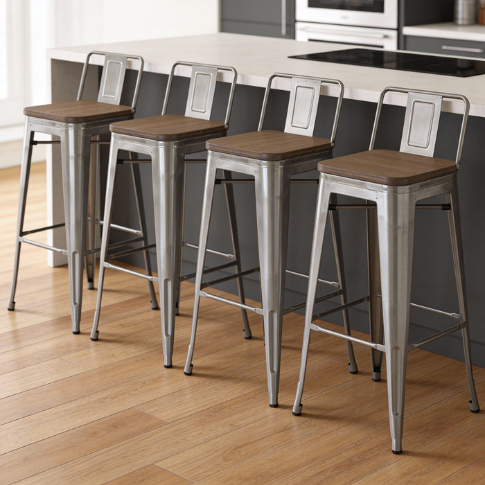 Solid Wood And Metal Low Back Bar Height Bar Chairs (Set of 4) - Brown And Gray