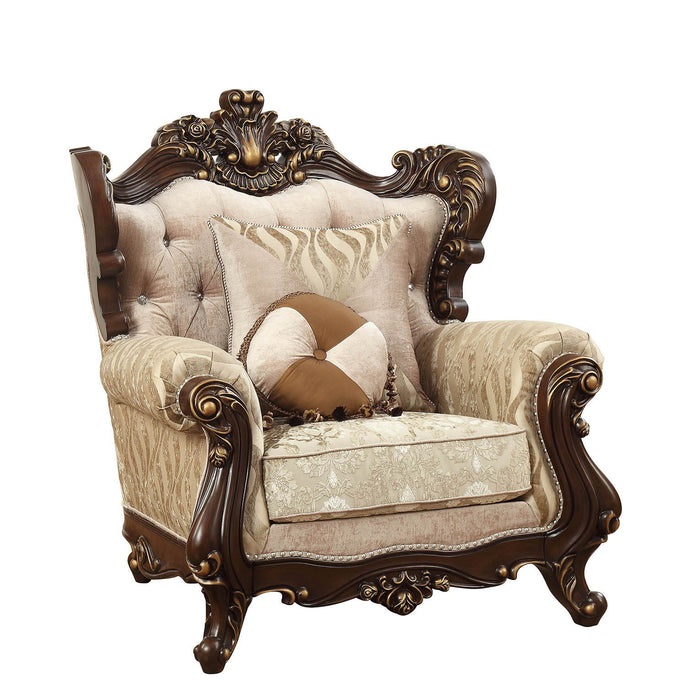 Fabric Damask Tufted Arm Chair And Toss Pillows - Beige And Brown