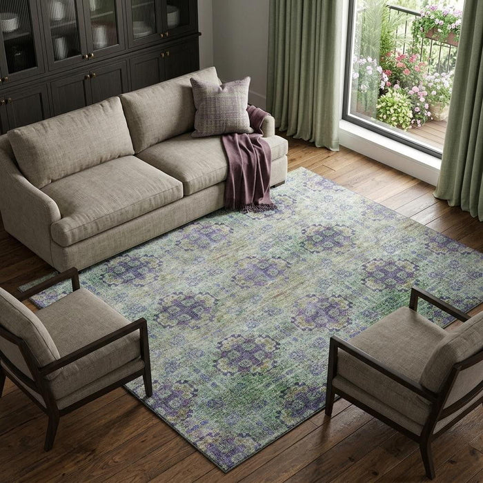 10' X 14' Floral Medallion Distressed Washable Area Rug With UV Protection (648946) - Purple / Green / Ivory