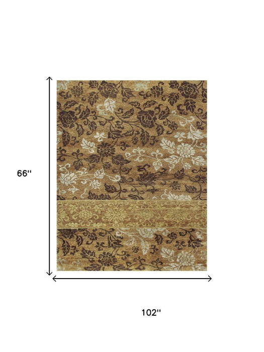5' X 8' Floral Hand Knotted Area Rug (744150) - Brown / Gold / Tan