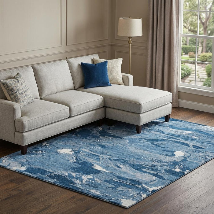 10' X 14' Abstract Washable Area Rug With UV Protection (693138) - Navy Blue / Ivory