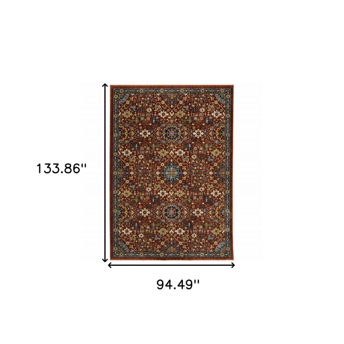 8' x 11' Oriental Power Loom Area Rug With Fringe - Blue And Red