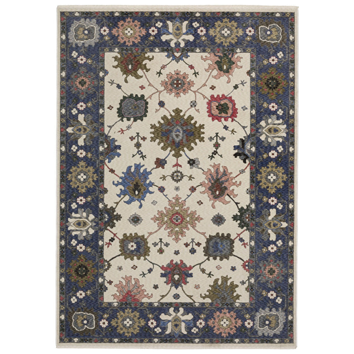 7' X 10' Floral Area Rug With Fringe - Blue / Ivory