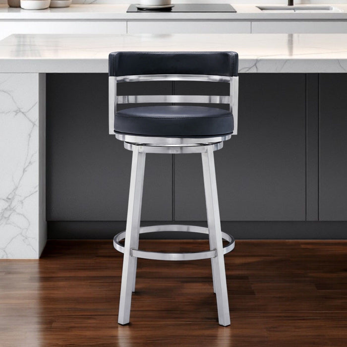 39" Faux Leather Swivel Low Back Bar Height Bar Chair - Black / Silver