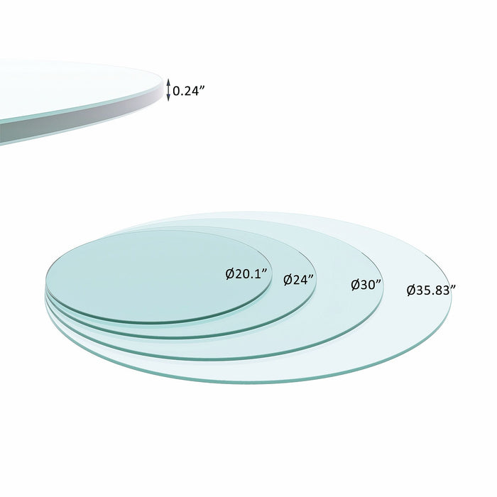Clear 36-inch tempered glass table top with flat polished edges, 1/4 inch thick, by Giga, showing the transparent round surface.