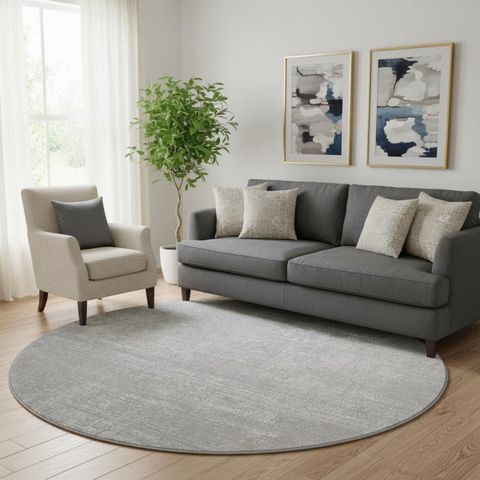 8' Abstract Washable Round Rug With UV Protection (667141) - Silver / Gray