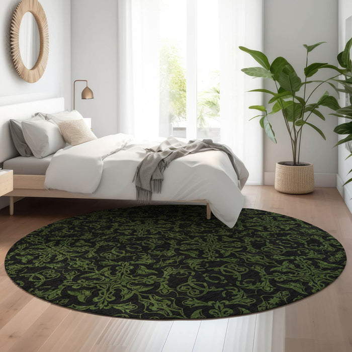 8' Medallion Washable Round Rug With UV Protection - Olive Green And Charcoal