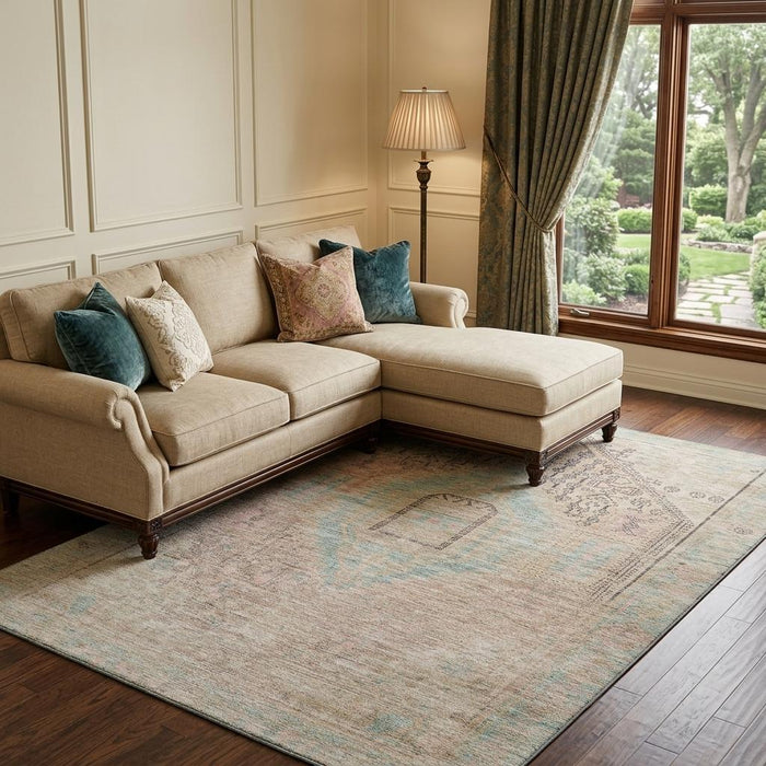 10' X 14' Tribal Washable Area Rug With UV Protection (686042) - Pink / Beige / Teal