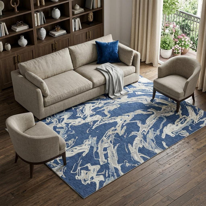 10' X 14' Abstract Washable Area Rug With UV Protection (681263) - Navy Blue / Ivory / Gray