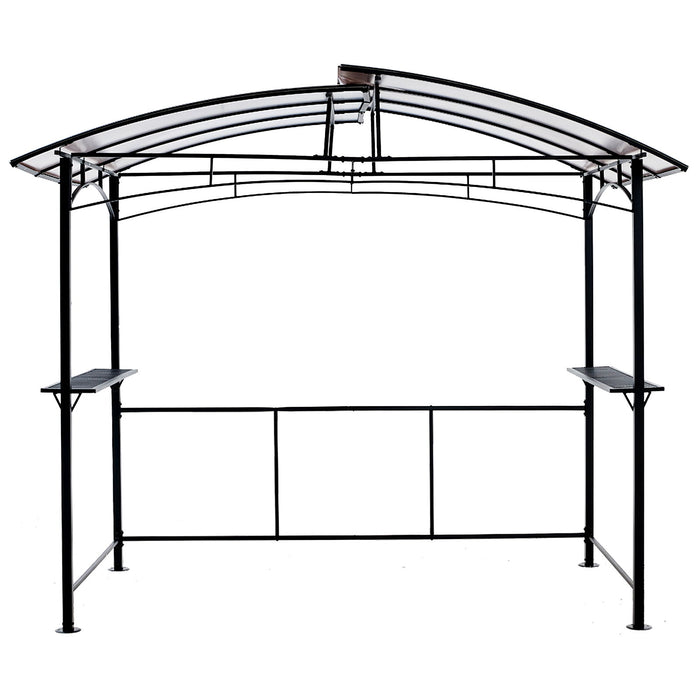 Giga 8x5ft outdoor grill gazebo with black steel hardtop, side shelves, and patio canopy for outdoor BBQ shelter.