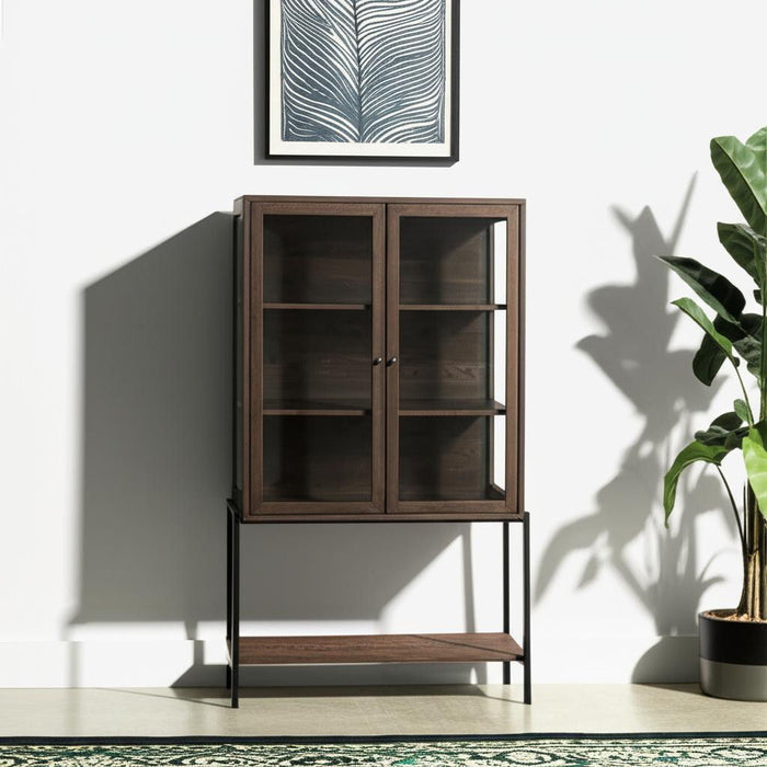 36" Solid Wood And Metal Display Cabinet With Two Doors - Brown