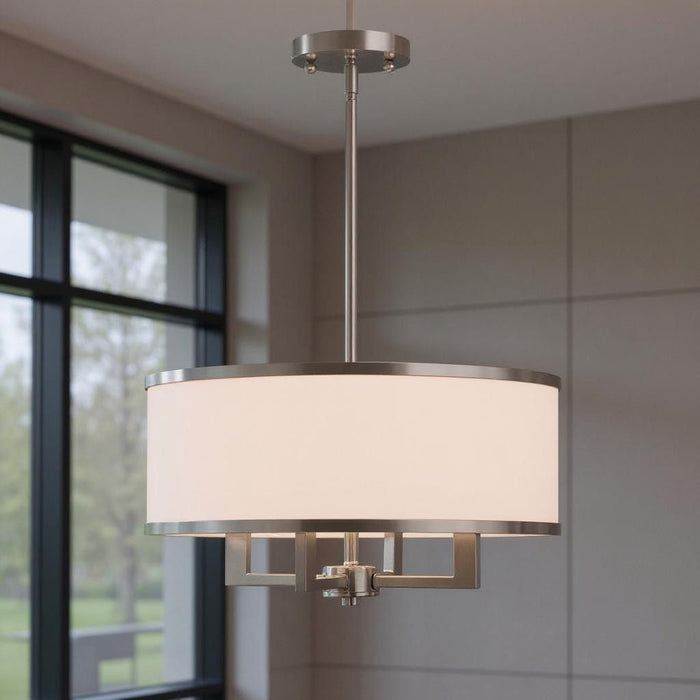 HomeRoots 18-inch four-light dimmable chandelier with pearl silver and nickel shades, elegant modern lighting fixture.
