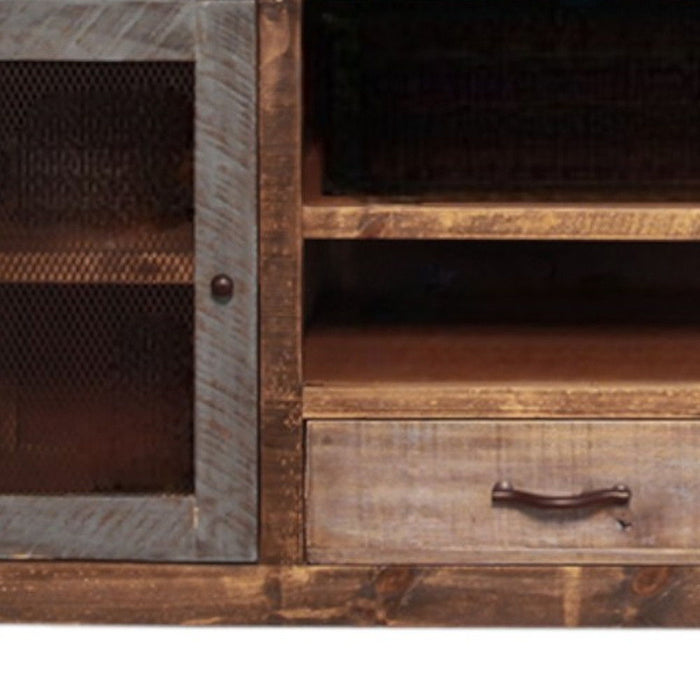 Distressed brown wood TV stand with enclosed storage, ideal as a stylish HomeRoots cabinet for living room organization.