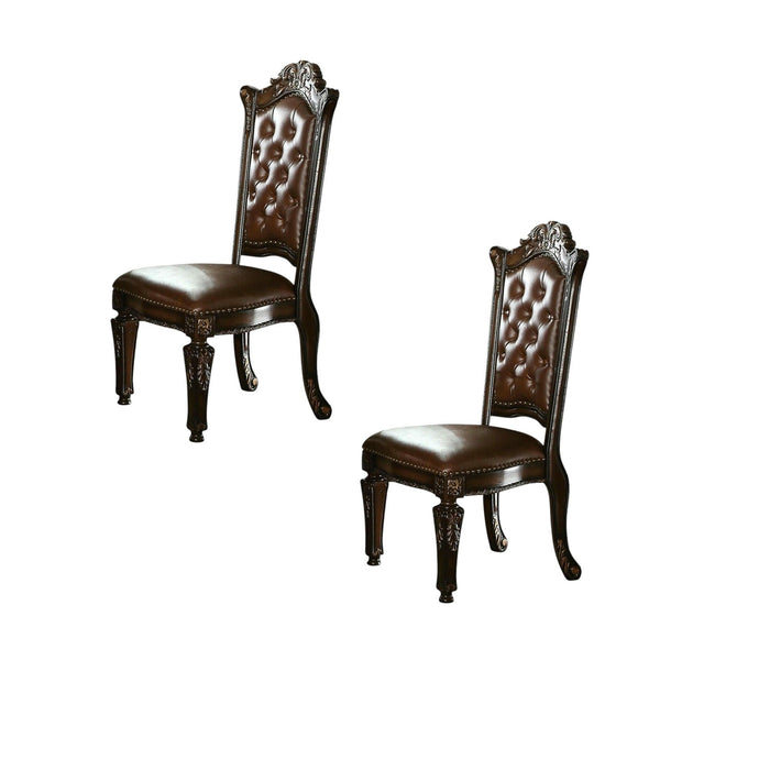 Tufted Faux Leather Solid Wood Dining Side Chairs (Set of 2) - Dark Brown / Mahogany