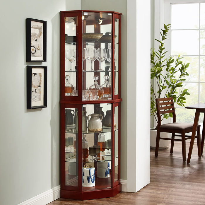 Giga 6-shelf corner curio display cabinet with lights, mirrors, and adjustable shelves for showcasing collectibles and decorative items.