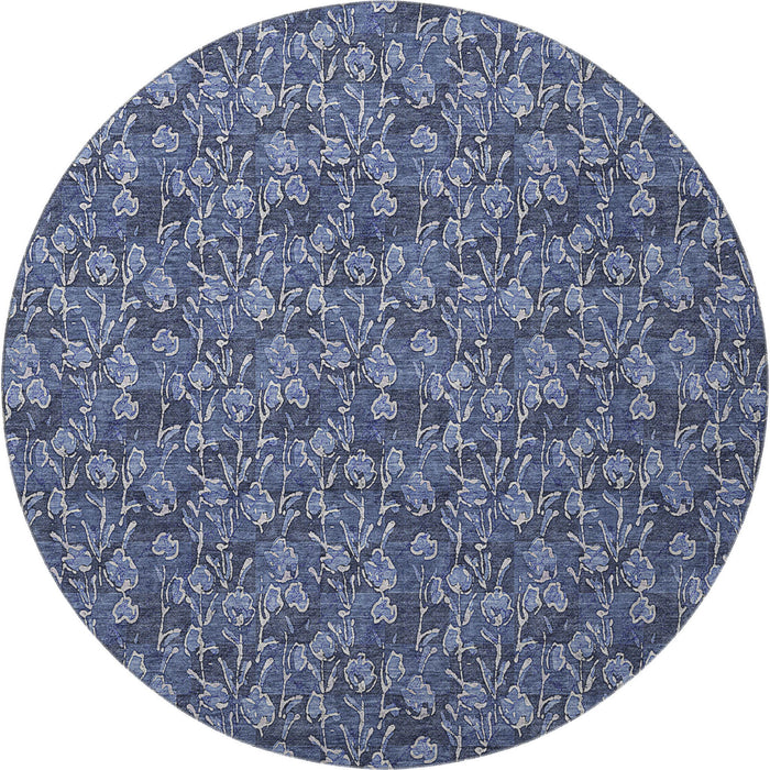 8' Floral Washable Round Rug With UV Protection (656451) - Navy Blue / Ivory