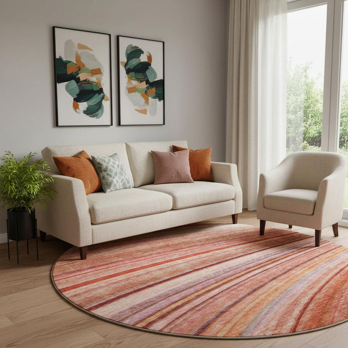 8' Striped Washable Round Rug With UV Protection (650359) - Terra Cotta / Blue / Ivory