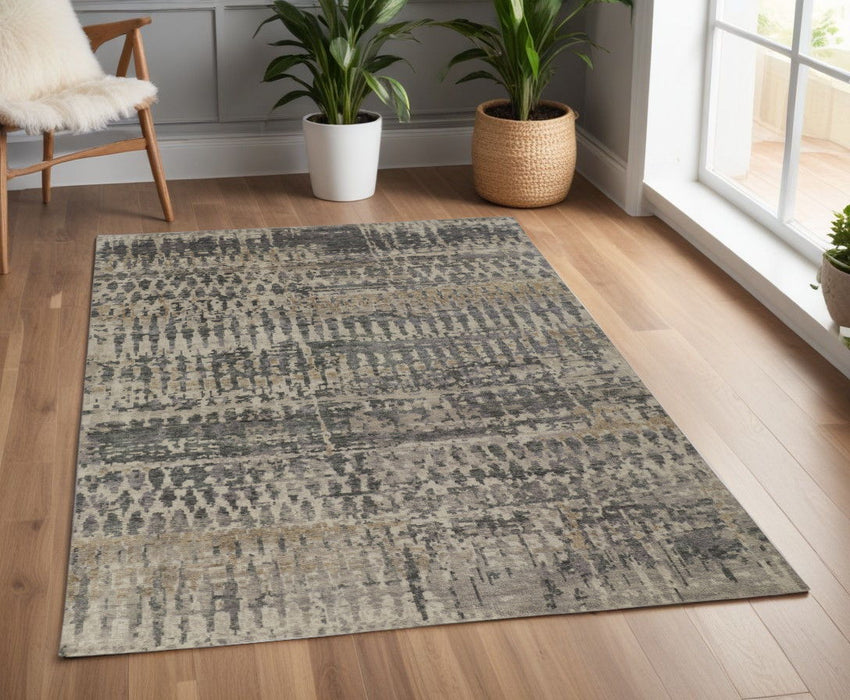 4' x 6' Wool Abstract Hand Knotted Area Rug - Gray Taupe And Ivory