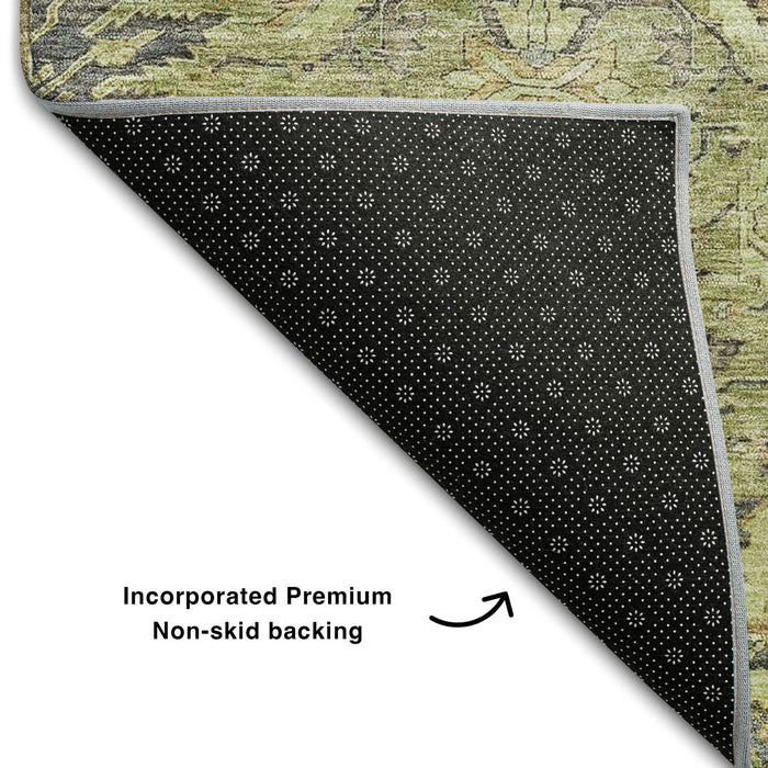 10' X 14' Damask Washable Area Rug With UV Protection (683860) - Artichoke Green / Gold / Charcoal