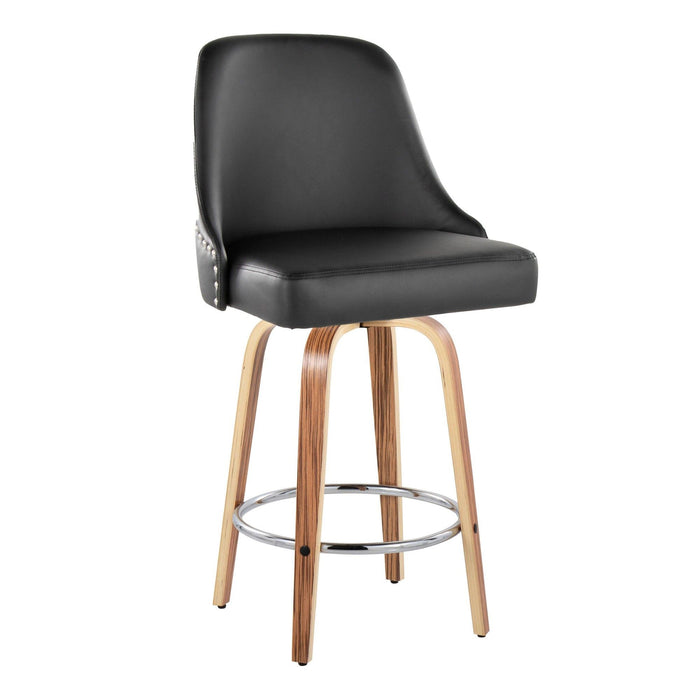Marcel - 26" Fixed-Height Counter Stool With Swivel And Round Chrome Metal Footrest (Set of 2) - Zebra Wood And Black Faux Leather With Chrome Nailhead Trim