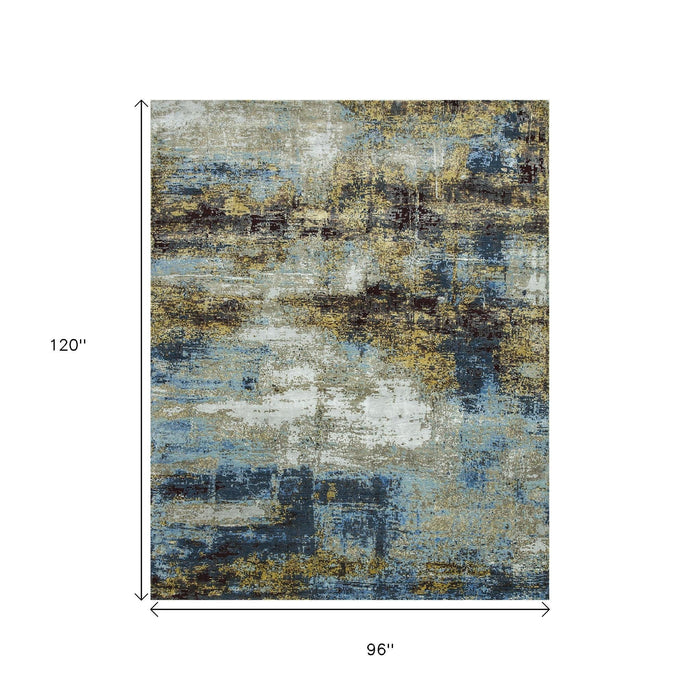 8' X 10' Abstract Hand Knotted Area Rug Genuine Wool - Blue