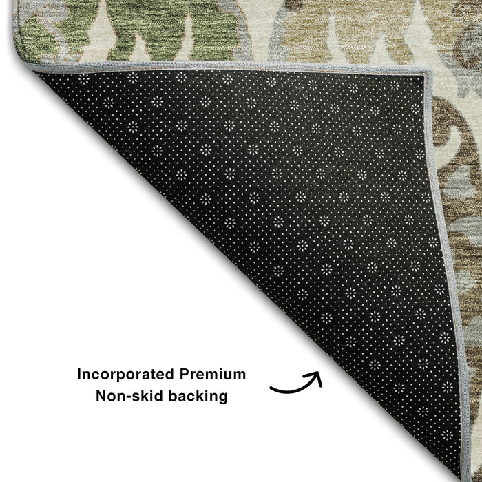 10' X 14' Floral Washable Area Rug With UV Protection (686939) - Ivory / Olive Green / Brown