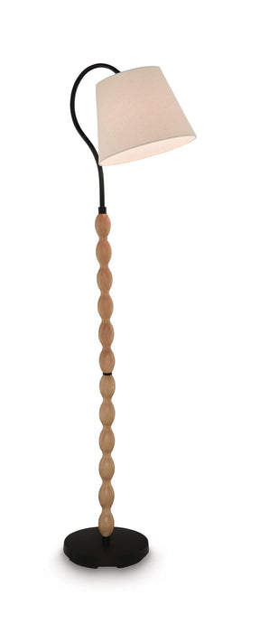 Corinwell wood floor lamp by Signature Design Ashley with a brown and black finish, featuring a modern, sleek design with a fabric shade.