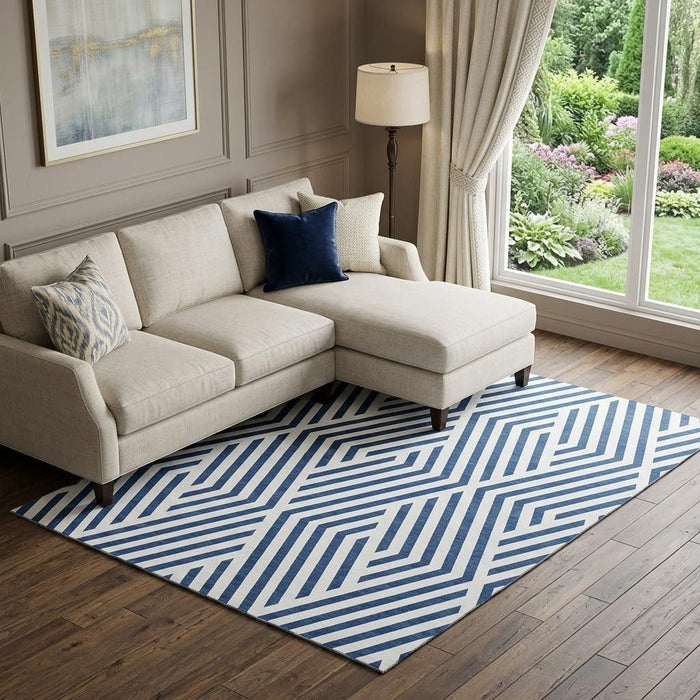 8' X 10' Geometric Washable Area Rug With UV Protection (648566) - Navy Blue / Ivory